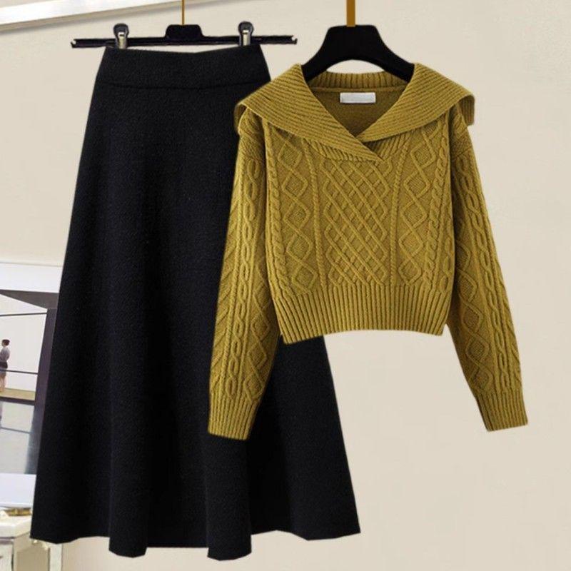 Petite Two-Piece Set: Peter Pan Collar Cable Knit Sweater + High-Waisted A-Line Knit Midi Skirt, Autumn/Winter Style.