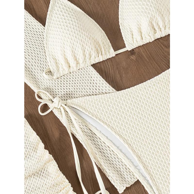 Sexy Mesh White 4 Piece Bikini Set 2025 Women Long Sleeve Cover Up with Skirt Swimsuit Beach Bathing Suit Holiday Thong Swimwear