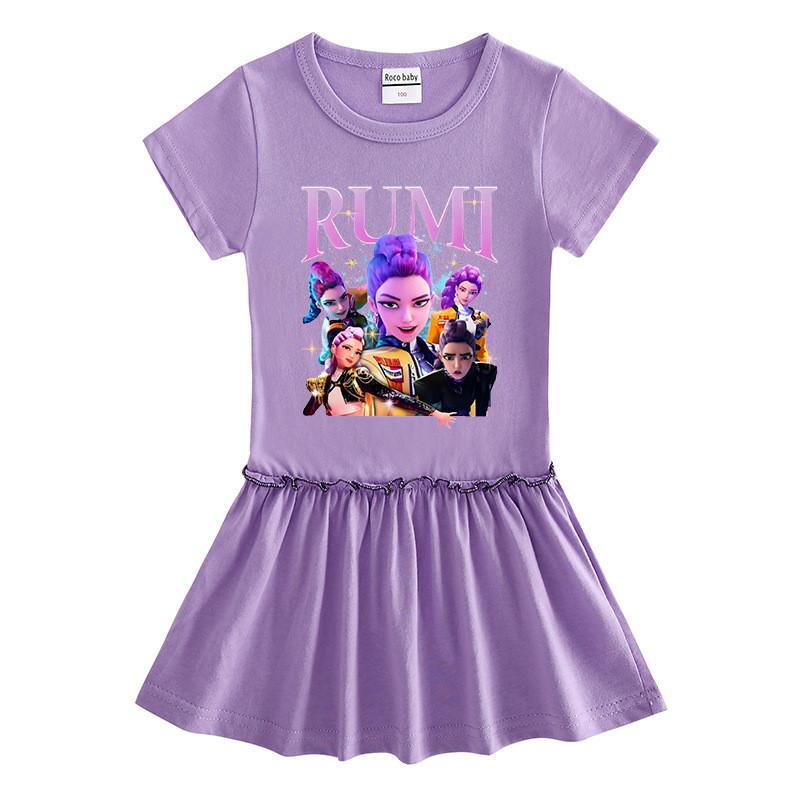 Girls Kpop Rumi Mira Zoey Hunters Print Raglan Sleeves Cotton Dress