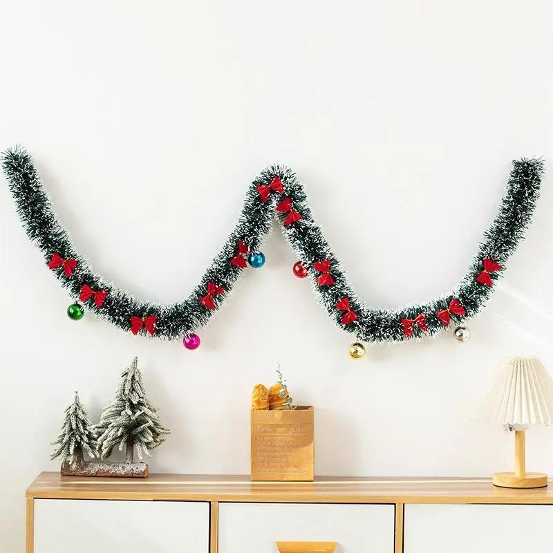 2M Christmas Ribbon Green Rattan Flower Wreath Christmas Tree Hanging Pendant Ribbon Bow Flower Wreath Decoration Festival Decor