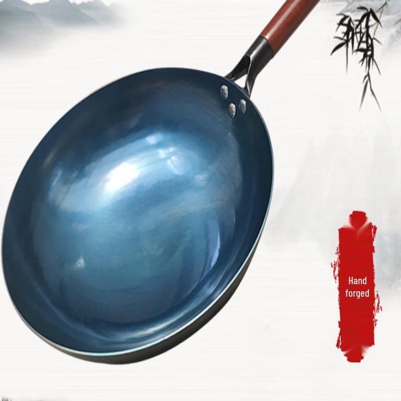 Wutuo 34cm Traditional Iron Stir-fry Wok with Wooden Handle