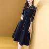 Plus Size Women's Spring/Summer Seven-Sleeve Lapel Shirt Dress - Light Mature Style, Button-Down A-Line with Patchwork Design.