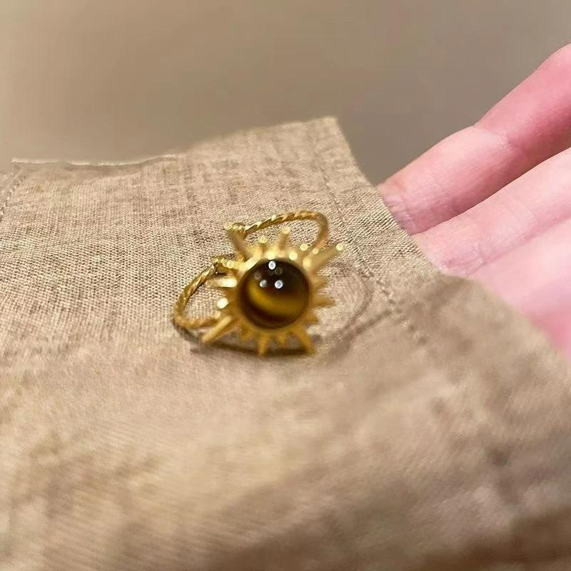 Retro Brown Stone Rings for Women Girls Sun Irregular Gold Color Aesthetic Rings Opening Adjustable Ring Fashion Jewelry Gifts