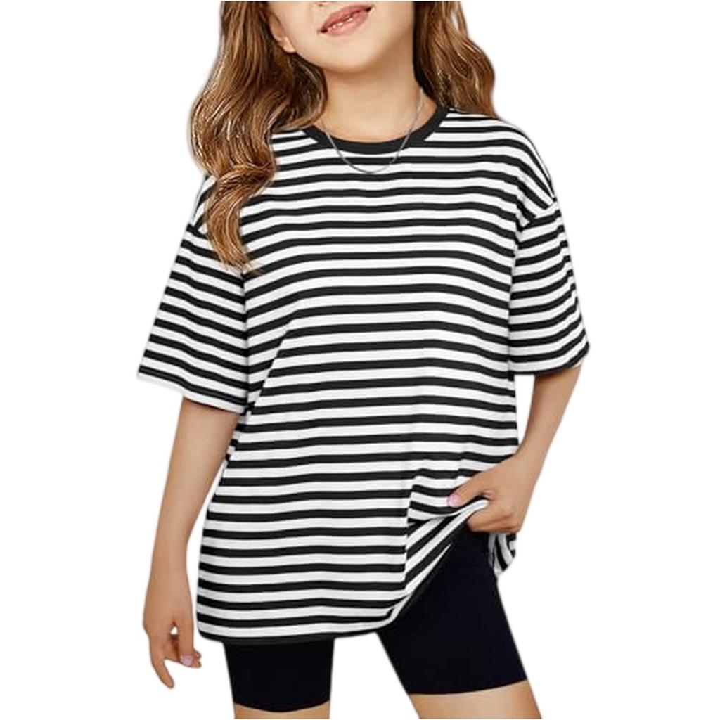 Girls Short Sleeve Striped T Shirt Crewneck Loose Fit Casual Cotton Tee for Kids Lightweight Breathable Top for Summer Daily Wear