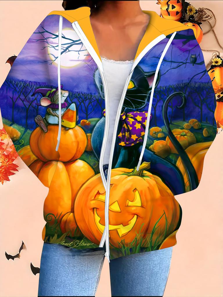 Halloween 3D Printed Hooded Cardigan Plus Size Autumn Winter Retro