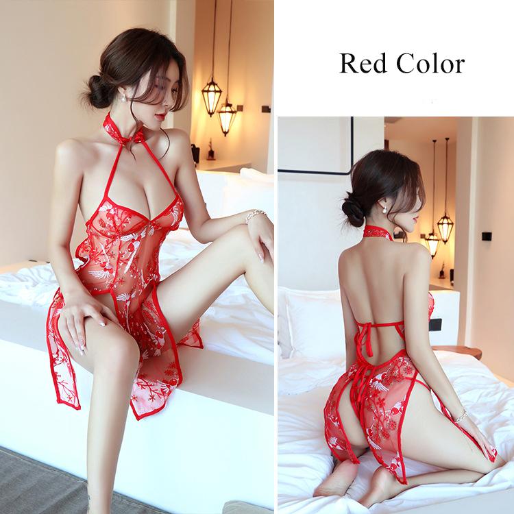 Sexy Cheongsam Lingerie Embroidered Sheer Qipao Nightwear Bed Seducing Costume Open Crotch Role Play Outfit Erotic for Women