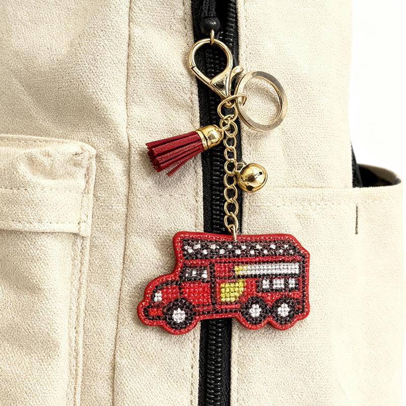 Rhinestone Fire Truck Keychain with Tassel - Fashionable Metal Bag Pendant