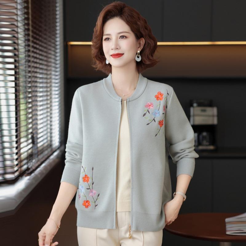 Medium versatile thread coat grandma coat spring and autumn sweater mother small cardigan old man crew neck embroidered knitted sweater