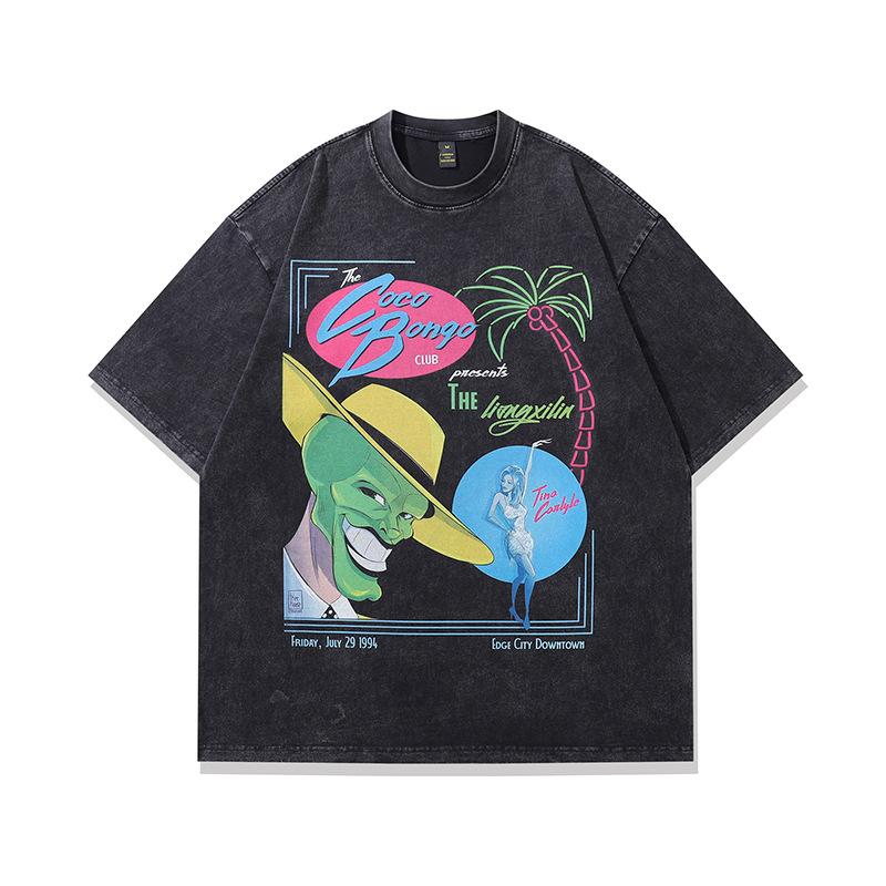 American Retro Black Washed Trend Printed Short-Sleeved T-Shirt Vintage Cotton Loose Top Men
