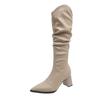 Fashion Boots for Woman Pointed Pleated Thigh High Boots Women Autumn Winter Chunky Heeled Shoes Solid Sexy Stacked Long Knee High Boots
