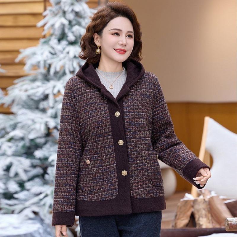 Woolen coat women's autumn and winter middle-aged woolen coat mother's new velvet thickened warm hooded noble leisure