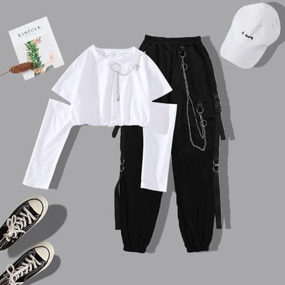 Senhoras verão casual dança terno curto top + calças conjunto de 2 peças