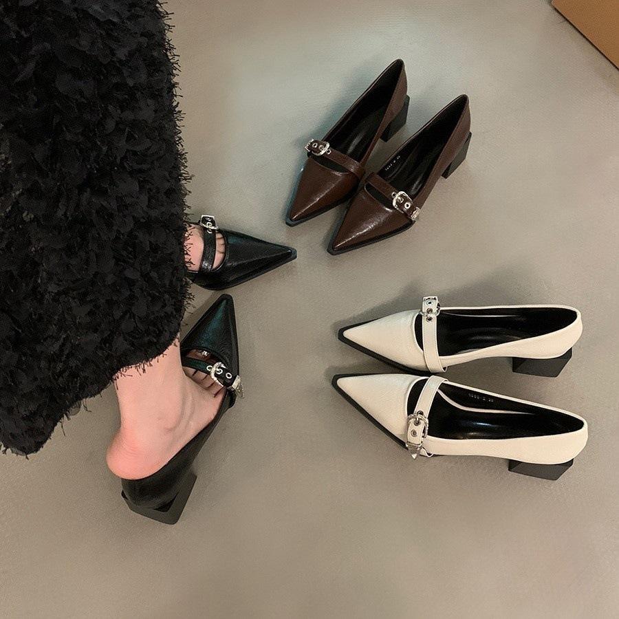 thick heel black pointed high heels French small leather shoes retro shoes children 2026 new