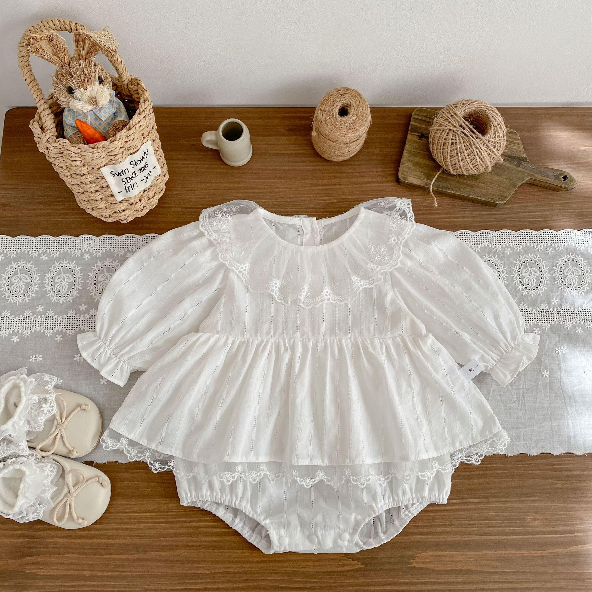Spring Baby Girl Romper Long Sleeve Ruffled Round Neck Princess Bodysuit Dress For 100 Days Celebration 66 белый