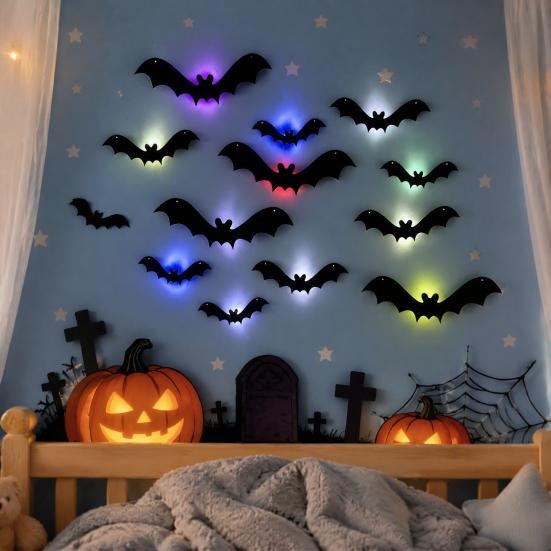 Mysteriöse Heimdekorationen Halloween 3D Leuchtende Fledermaus Wanddeko, Abnehmbare Filz Fledermaus Aufkleber, Verschiedene Montierte Verzierungen Größe, LED Leuchtend