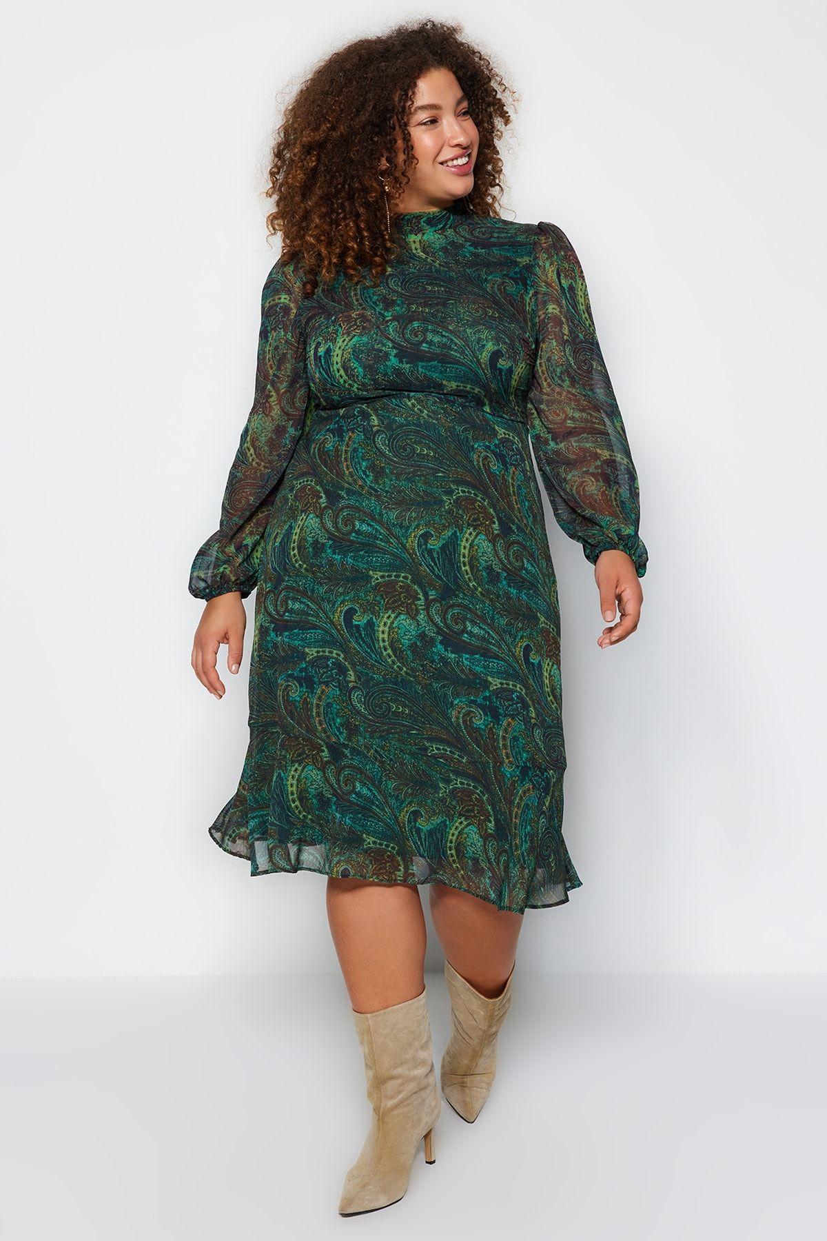 

Women s Style Plus Size Green Paisley Patterned Chiffon Dress 5XL