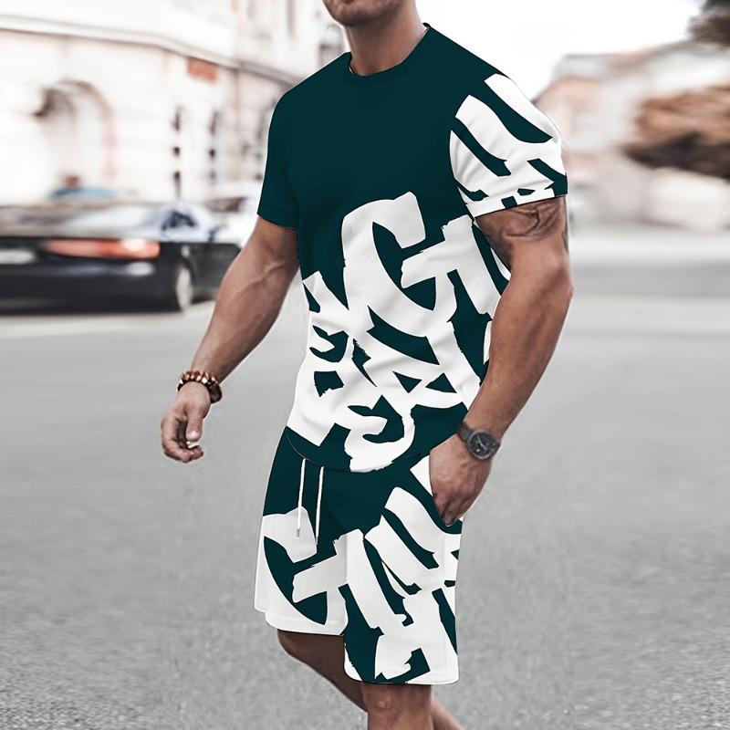 New men's summer trend big font print comfortable and breathable round neck T-shirt shorts set outdoor casual wear