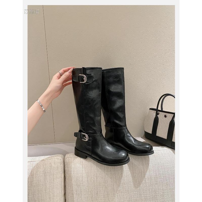 Cowhide Version Ma Sichun Fashionable Leather Buckle with Round Head Splicing Thick Heel Knight Boots Women's Boots Stacking Boots
