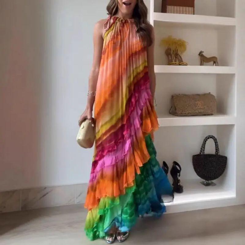 2025 European and American Summer Hanging Neck Print Casual Vacation Dress Printed Casual Dress