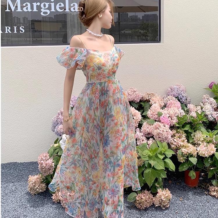 Sense floral dress summer vacation wind beach skirt backless design birthday dress skirt
