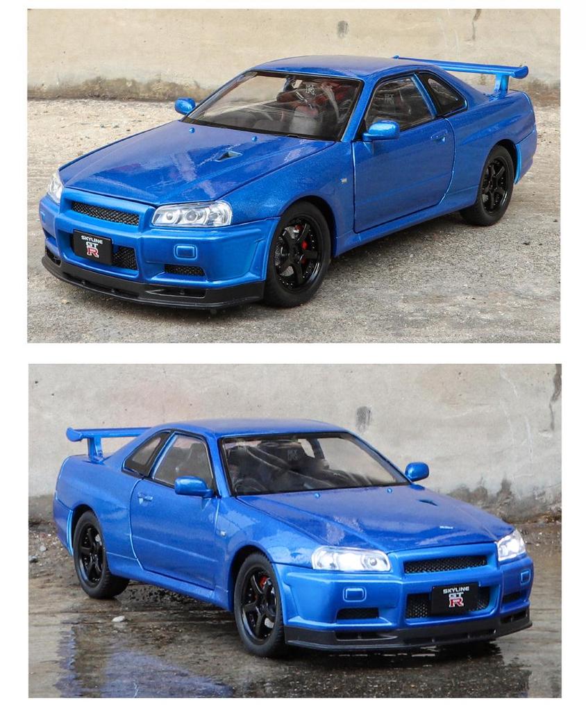 1:24 Alloy GTR R34 Model Car Toy with Sound, Light, Openable Doors, Four-Wheel Steering, and Pull-Back Action