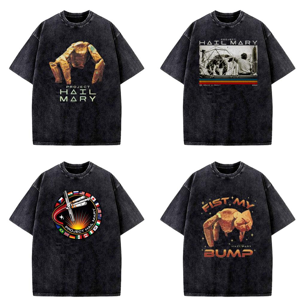 Vintage Washed Project Hail Mary Alien Poster T Shirt Summer Streetwear TShirts Cotton Harajuku Tee Shirt Short Sleeve