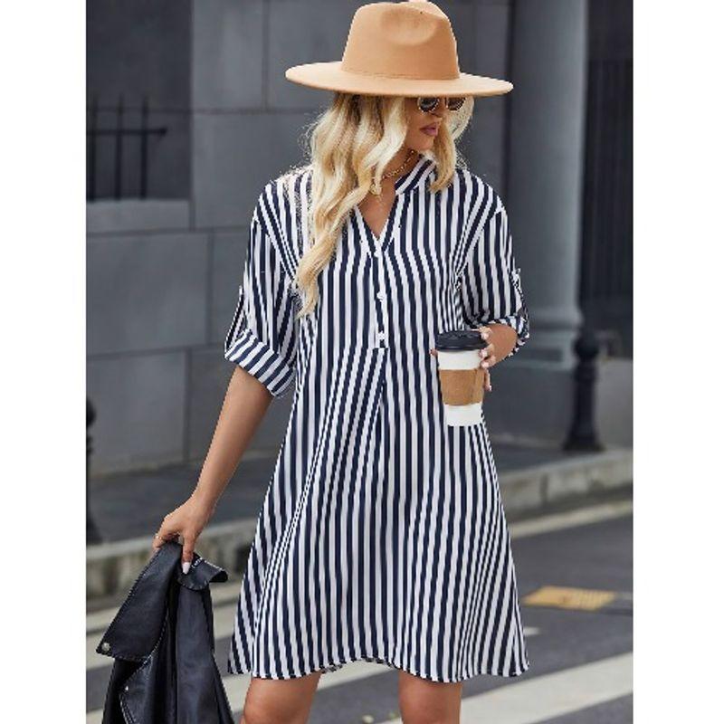 

Autumn New Arrival Fashion Wind Fashion V Neck Stripes Pattern Loose Reverse Folding Long Sleeves Casual Mid Length Long Length Shirt Tops Navy XL