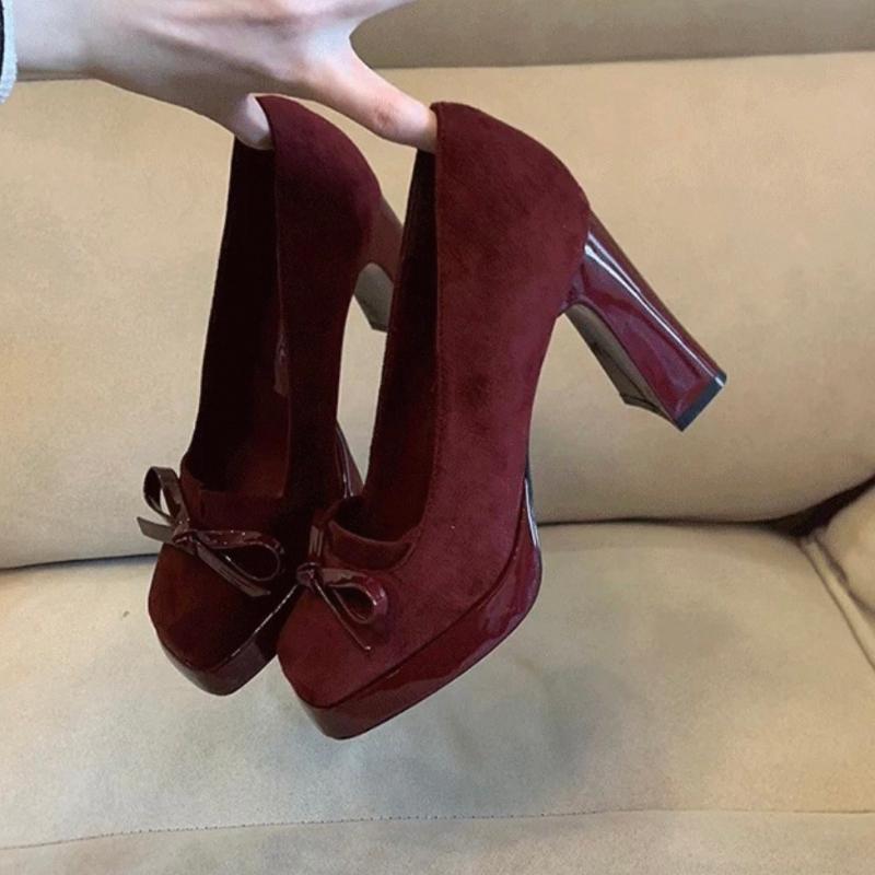 

Мода 2025 Высококачественные Новые Округлые Туфли-лодочки на Высоком Каблуке Легкая Повседневная Женская Обувь Стильная и Удобная 34 красный