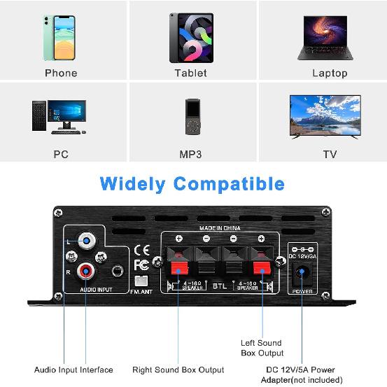Bluetooth 5.0 Audio Power Amplifier AK-380 400W+400W 2.0 CH HiFi Stereo Amp Receiver with USB,SD,AUX,Remote Control,FM Antenna for Car Home Speaker