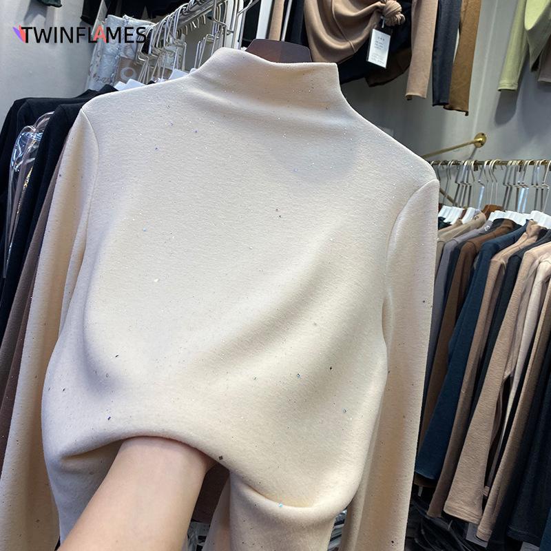 Zimní Dámská Móda Top Třpytky Dámské Nové Tlusté tričko se zapínáním na polovysoký výstřih, dlouhý rukáv Basic All Match Trička