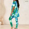 Women Plus Size Printed Two Piece Set Round Neck Short Sleeve Longline Top Fitted Pants Green Blue White