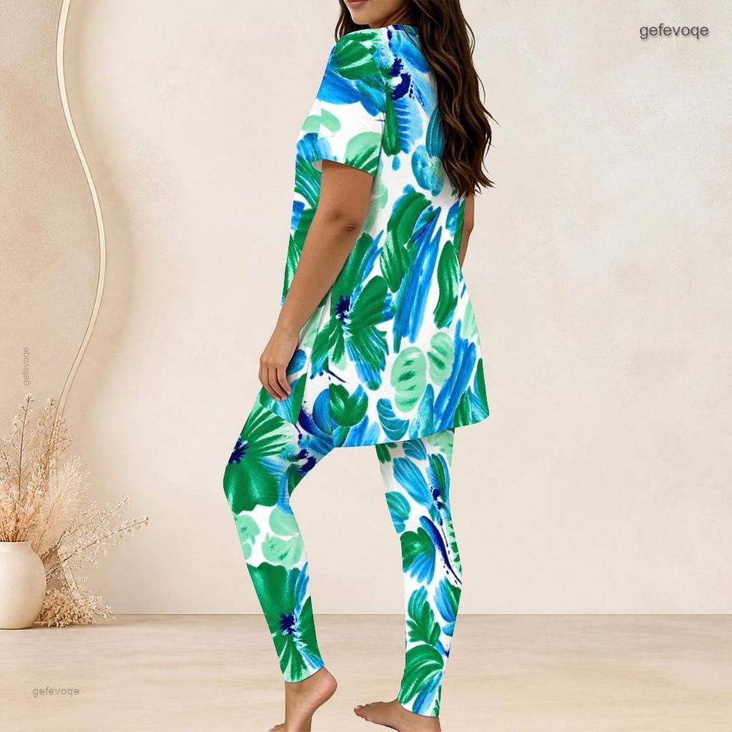 Women Plus Size Printed Two Piece Set Round Neck Short Sleeve Longline Top Fitted Pants Green Blue White