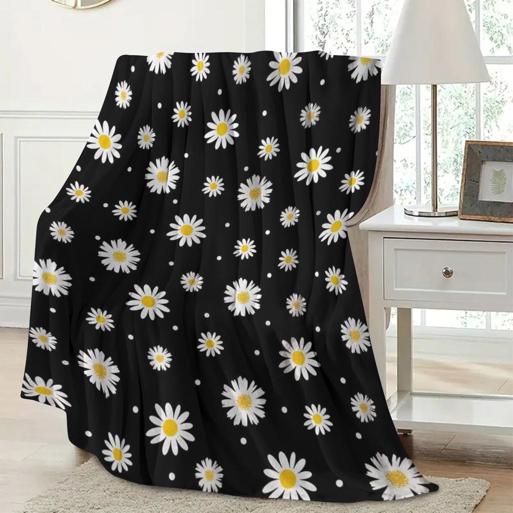 Black Daisy Print Blanket 2D Soft Cozy Flannel Throw Blanket For Bed Couch Sofa Camping Travel Warm Blanket For Home Decor Gift