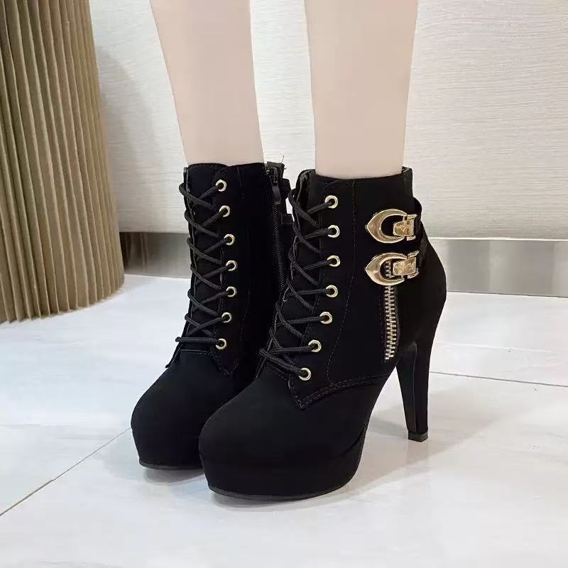 European and American New Super High Heels, Thin Heel Round Head Side Zipper Short Boots, Women's Lace-up Large Size Martin Boots