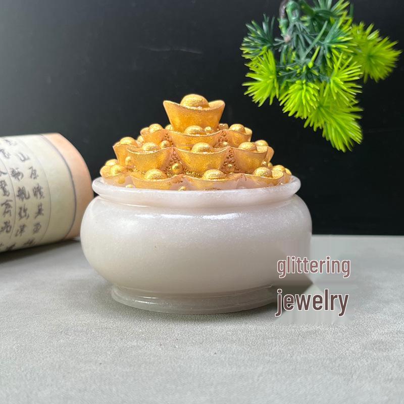 Luminous Multi-Pattern Treasure Basin: Hui, Lotus, Ruyi, Wealth-Attracting - Feng Shui Display for Living Room Wealth Position.