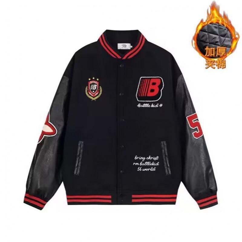 Teen Streetwear Baseball Jacket Colorblock Patchwork Embroidered Loose Fit Outerwear