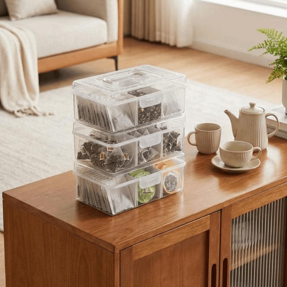 Plastic Tea Bag Storage Box Large Capacity Sealed Sugar Packet Storage Box with Removable Dividers Dust-proof Tea Bag Holder