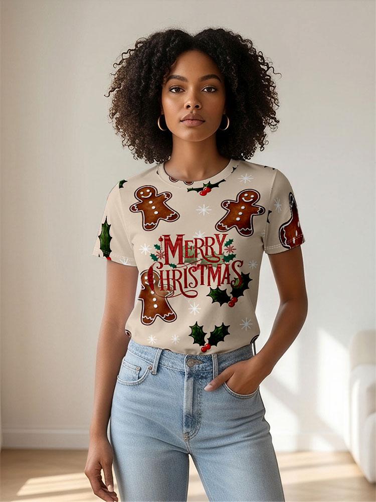 Women's O-Neck Short Sleeve T-Shirt, Polyester Casual Tee with 2D Christmas Gingerbread Man Print k-008