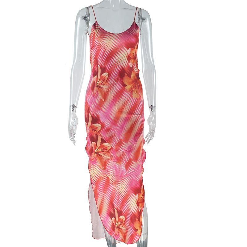 Abito Sexy Halter da Donna Stampa Avvolgente Petto Manica Manica Cinturino con Gli Stati Uniti Spacco Posteriore Vita Media Abito Irregolare