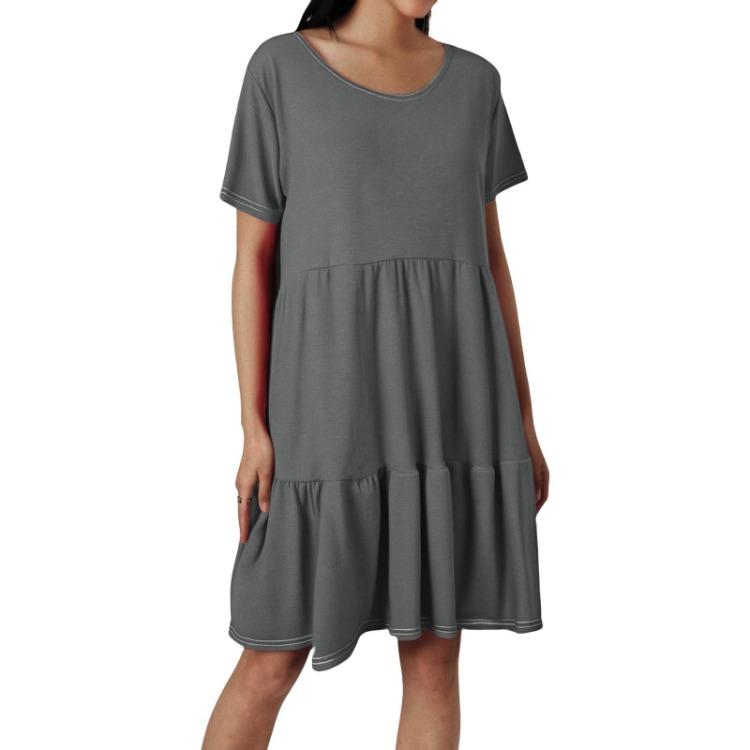 Women Casual Round Neck Short Sleeve Ruffle Dresses Fashion Summer