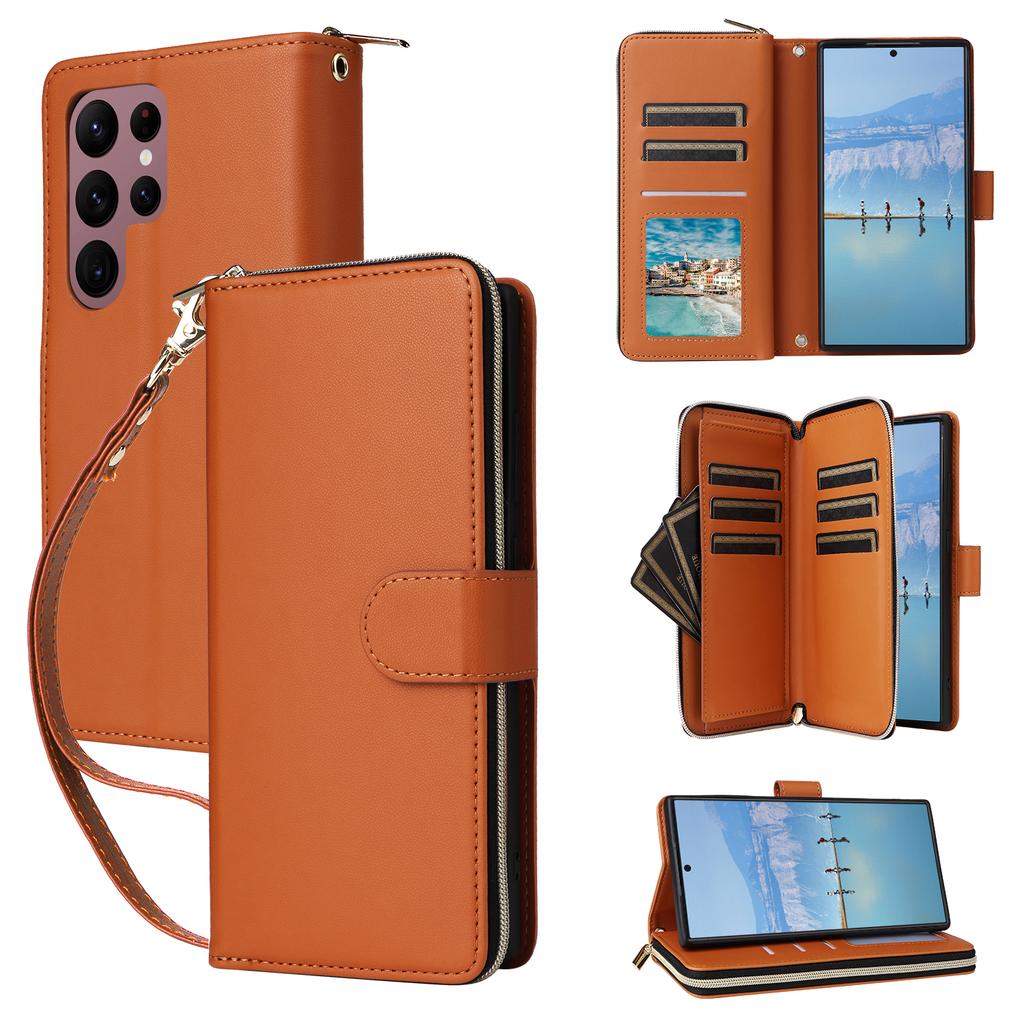 R20 For Samsung Galaxy S22 Ultra 5G Leather Case Zipper Pocket Stand Phone Cover