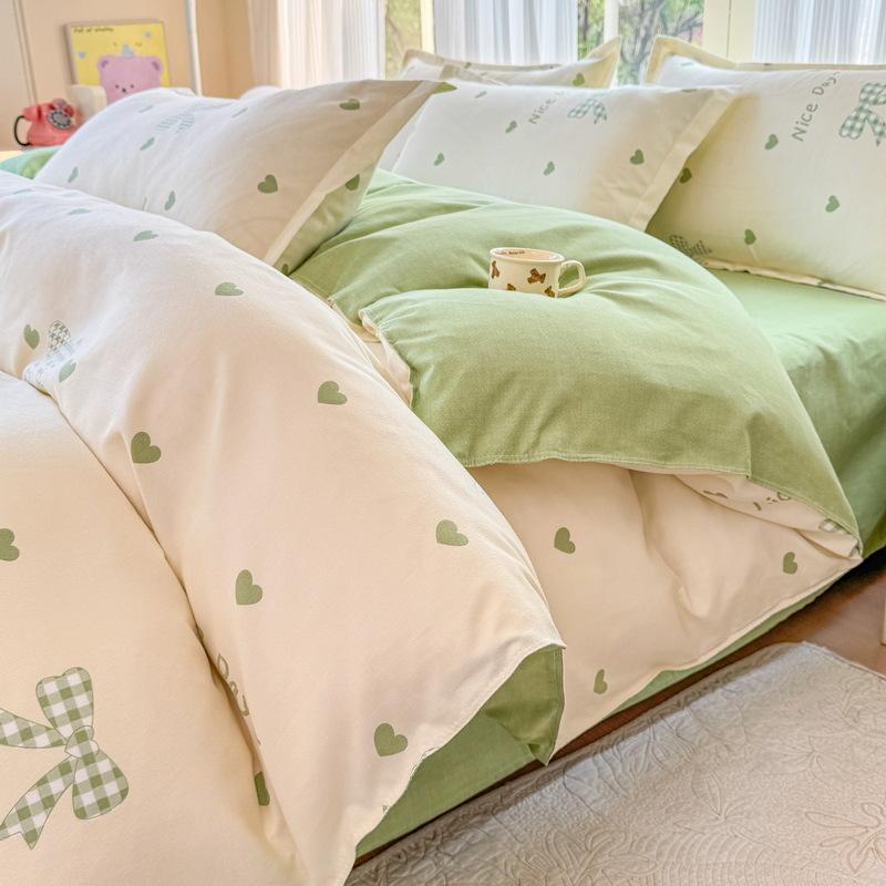 Cotton 4-piece Set Thickened Brushed Fresh Cotton Bed Sheet Quilt Cover Hats Models Dormitory 3-piece Set