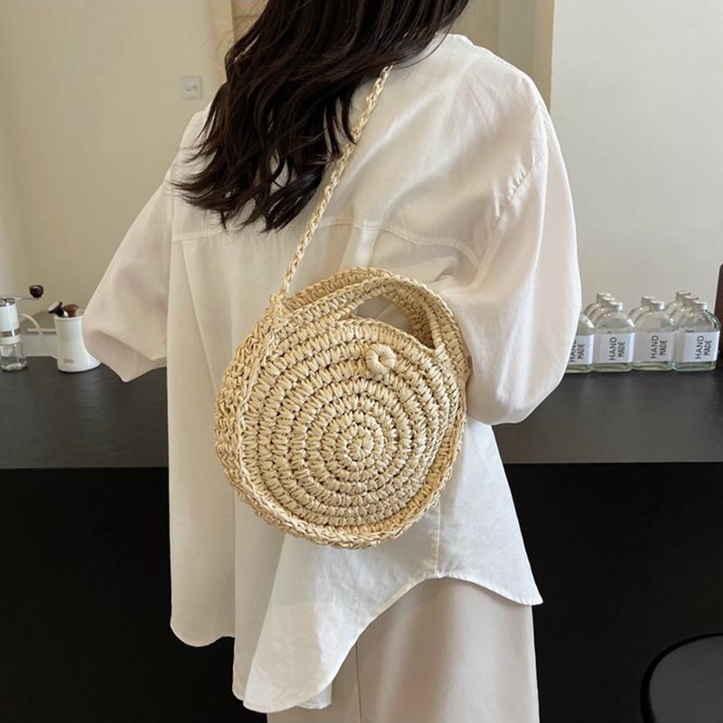 Runde Umhängetasche aus Stroh, handgefertigt, gewebte Schultertasche für Damen, Sommer-Strandtasche, Bohemia-Reisetasche, kleine Handtasche und Geldbörse