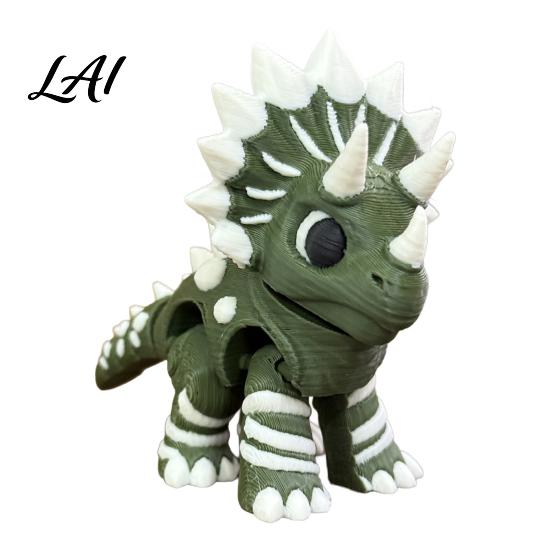 3D Printed Dinosaur Model Three-Horned Figurine with Articulated Joints Green White Desk Toy Three-horned Figure Textured Spikes Mini Collectible
