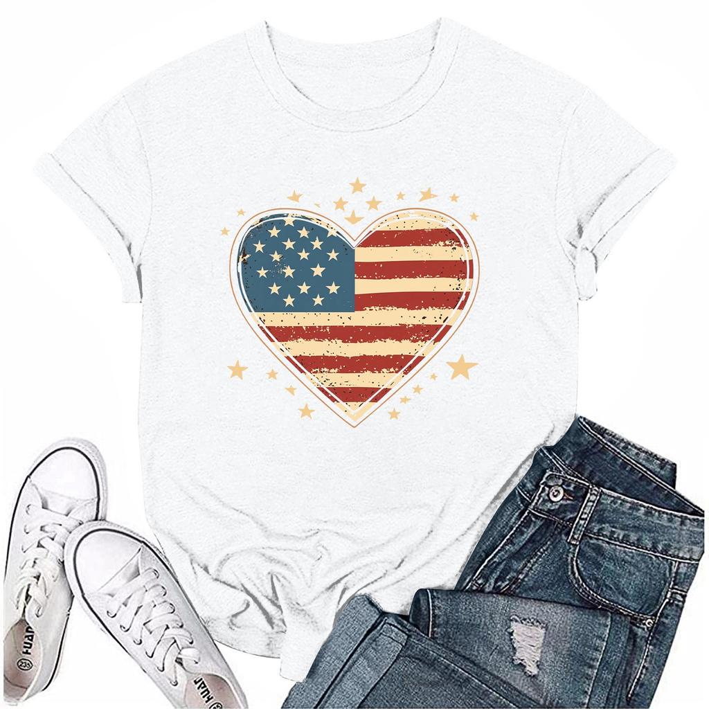 Damska Codzienna Okrągły Dekolt T-shirt z Nadrukiem na Dzień Niepodległości Krótki Rękaw Top z Literami