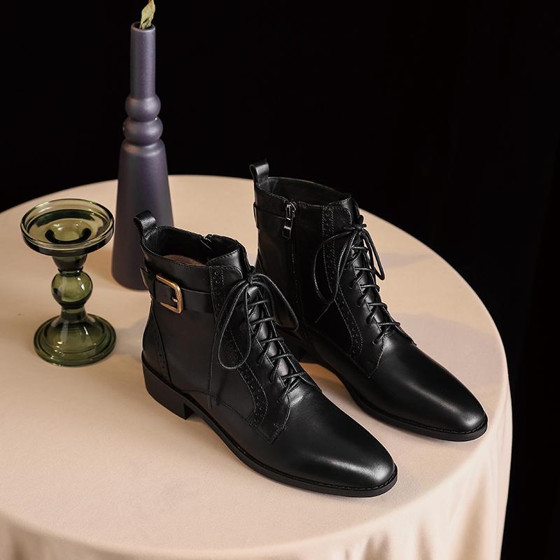 Chelsea-Stiefel aus echtem Leder mit runder Spitze und Metallgürtelschnalle, Damenstiefel/Herbstmode, seitlicher Reißverschluss, Damenschuhe, Größe 34–43