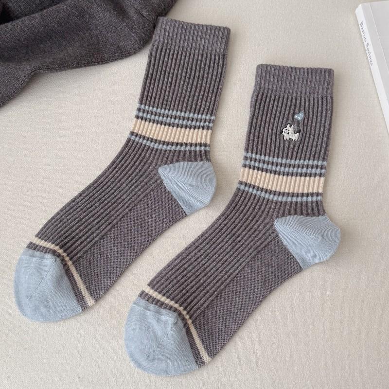 Grey Striped Socks Medium Tube Socks Cute Embroidered Puppy Cloth Label Curled Edge Socks Trend Socks