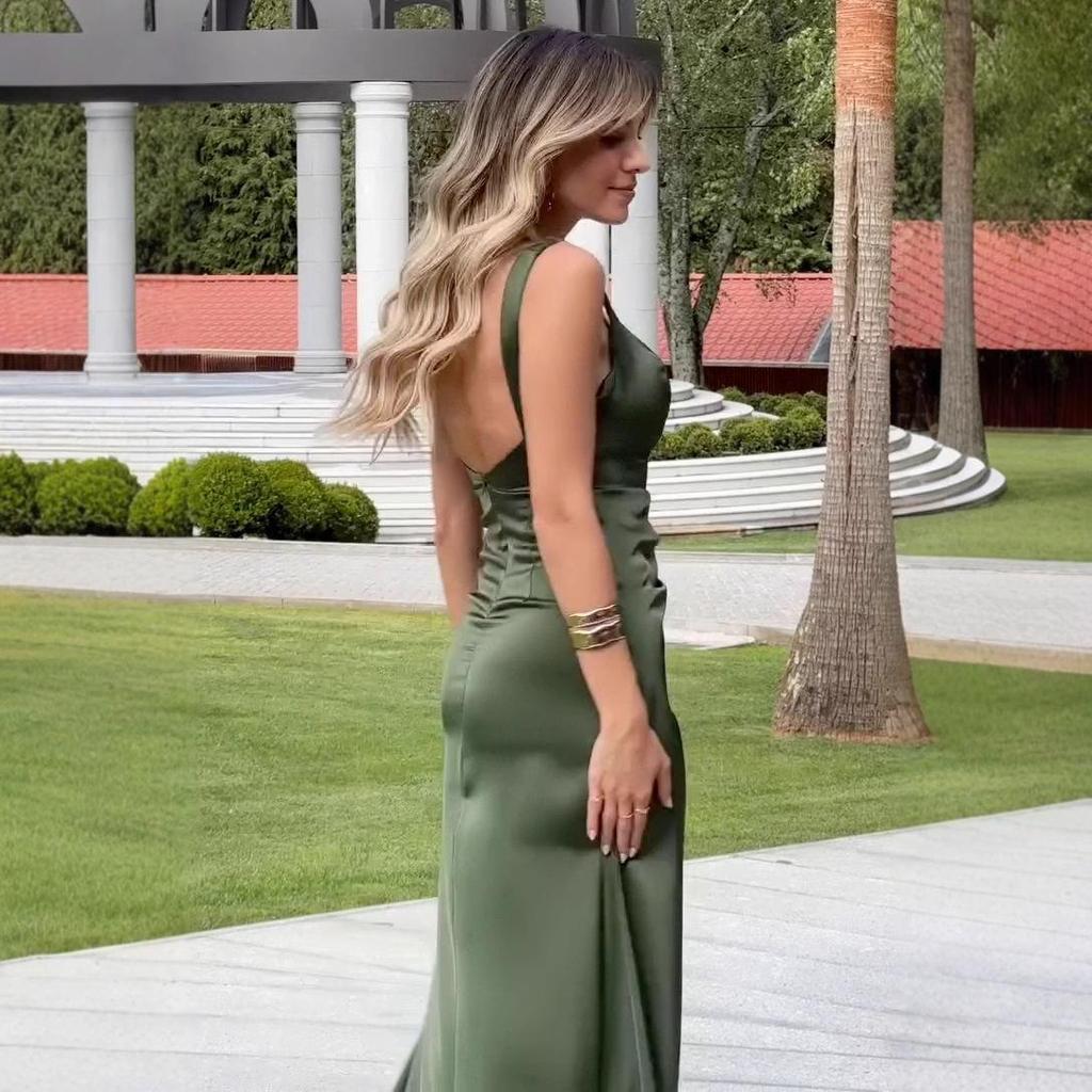 Rochie de vară 2025 pentru femei, culoare uni, cu talie marcată, plisată, cu bretele și crăpătură – Stil european și american