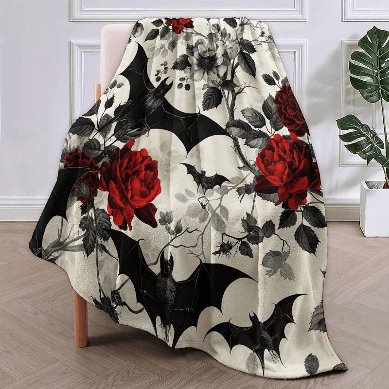 Cozy Flannel Halloween Blanket with Castle & Pumpkin Print - Black Bats Printed Flannel Festive Blanket
