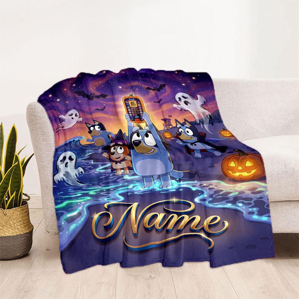 Bluey Halloween Night Personalized Name Blanket Lightweight Customizable Blanket Soft Warm Cozy Suitable for Livingroom Couch Chair Sofa